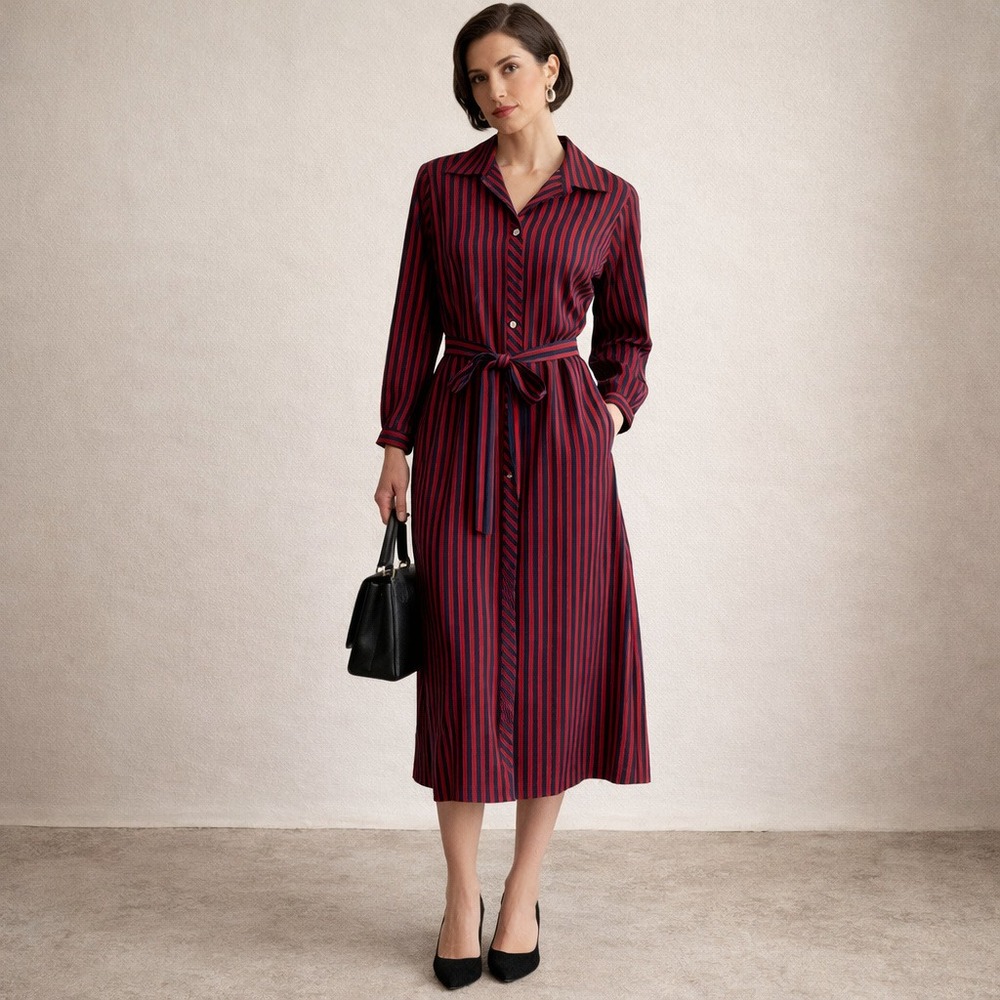 Countess Vintage Striped Shirt Dress Navy Red Midi‎ Button Belted 18C (12/14)